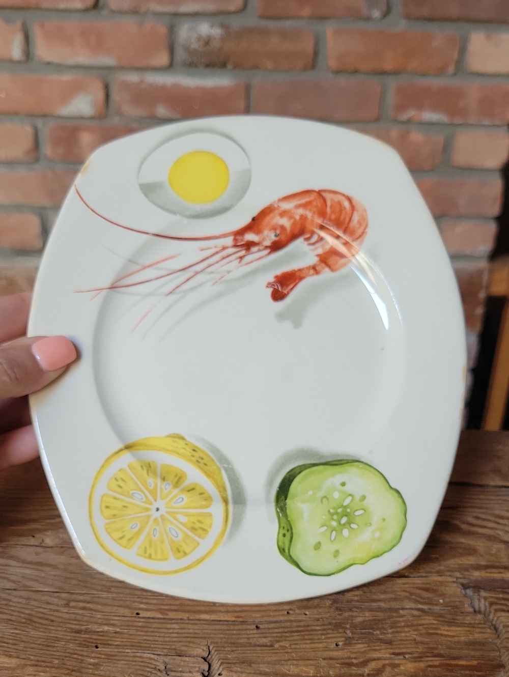 FIGGJO NORWAY 1960's PRAWN Salad Plate with Lemon & Cucumber, Egg & Shrimp
